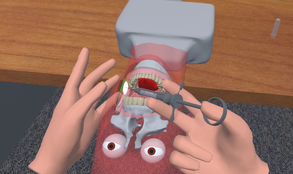 Student practicing local anesthesia on the ModuPRO Astra model in VR